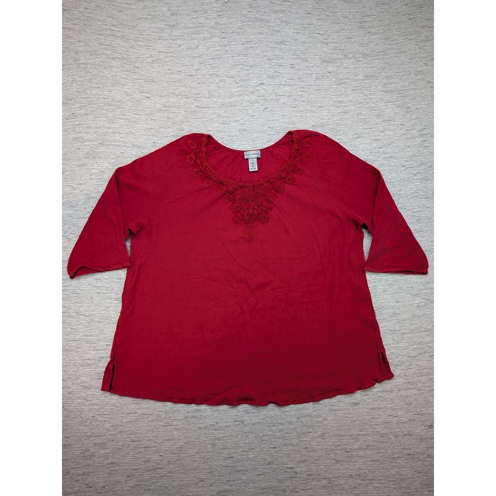 Catherines Shirt Womens 4X Embroidered Crochet Boho Tunic Top Crinkle Lace